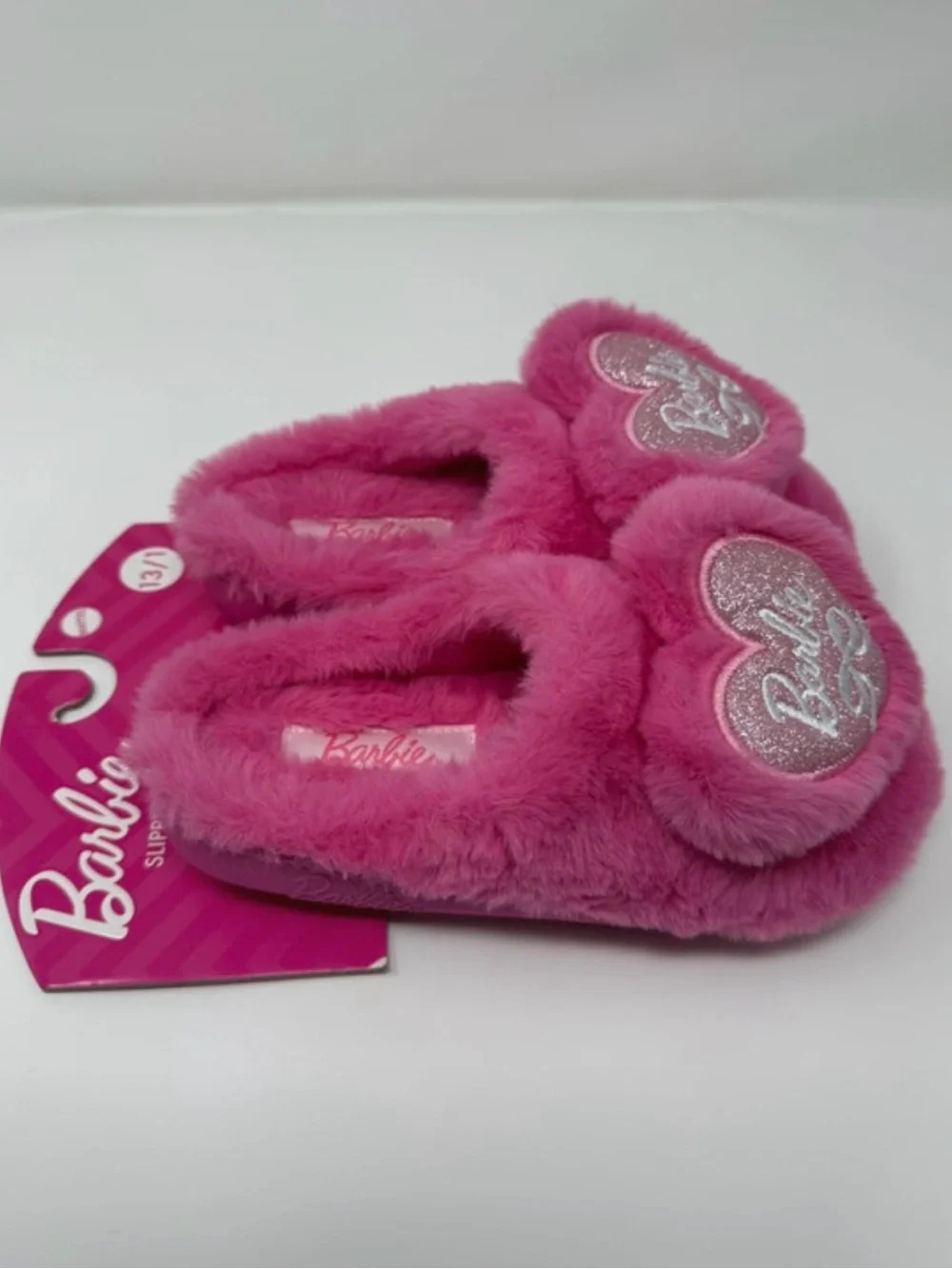 Barbie Hot Pink Plush Heart Slide Slippers
